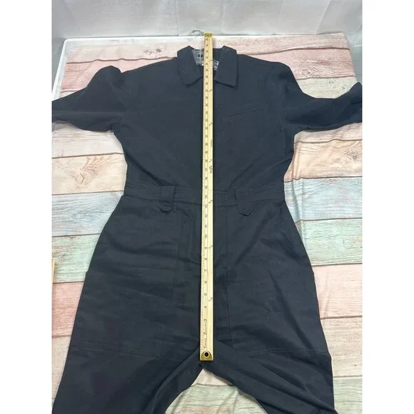 Steve Madden Womens Medium Black Denim Jumpsuit Partial Zip Long Sleeve NWOT